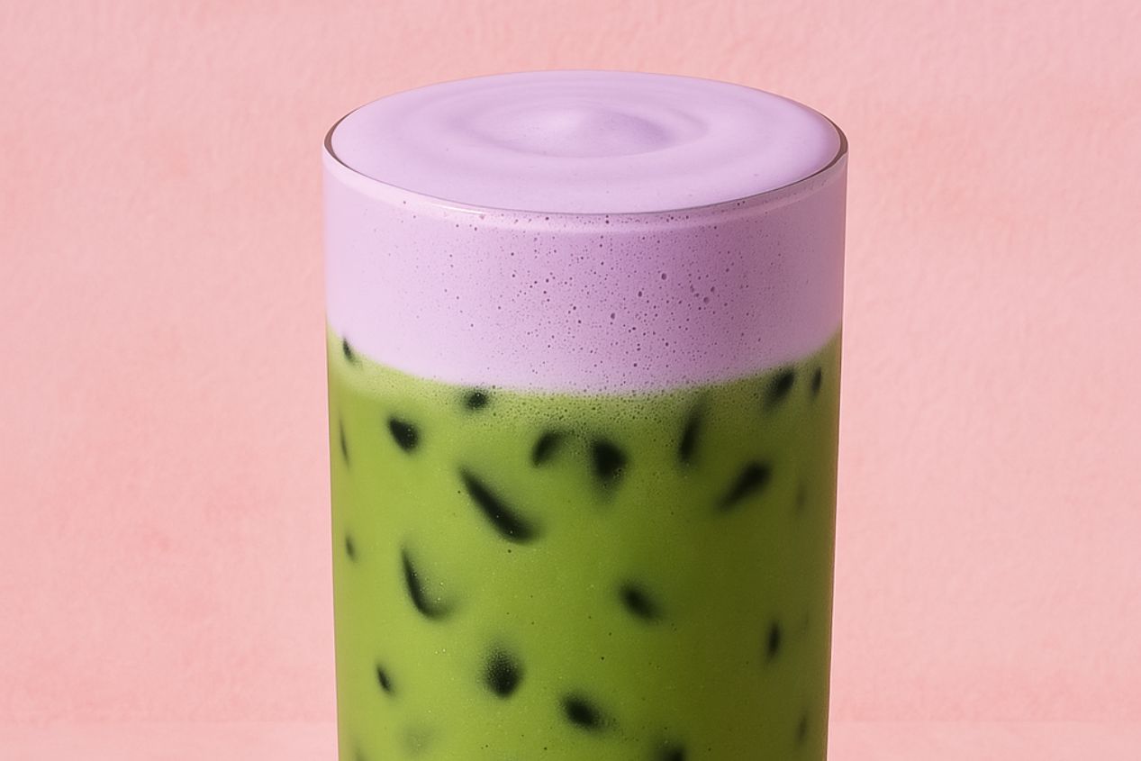 A matcha latte in a glass