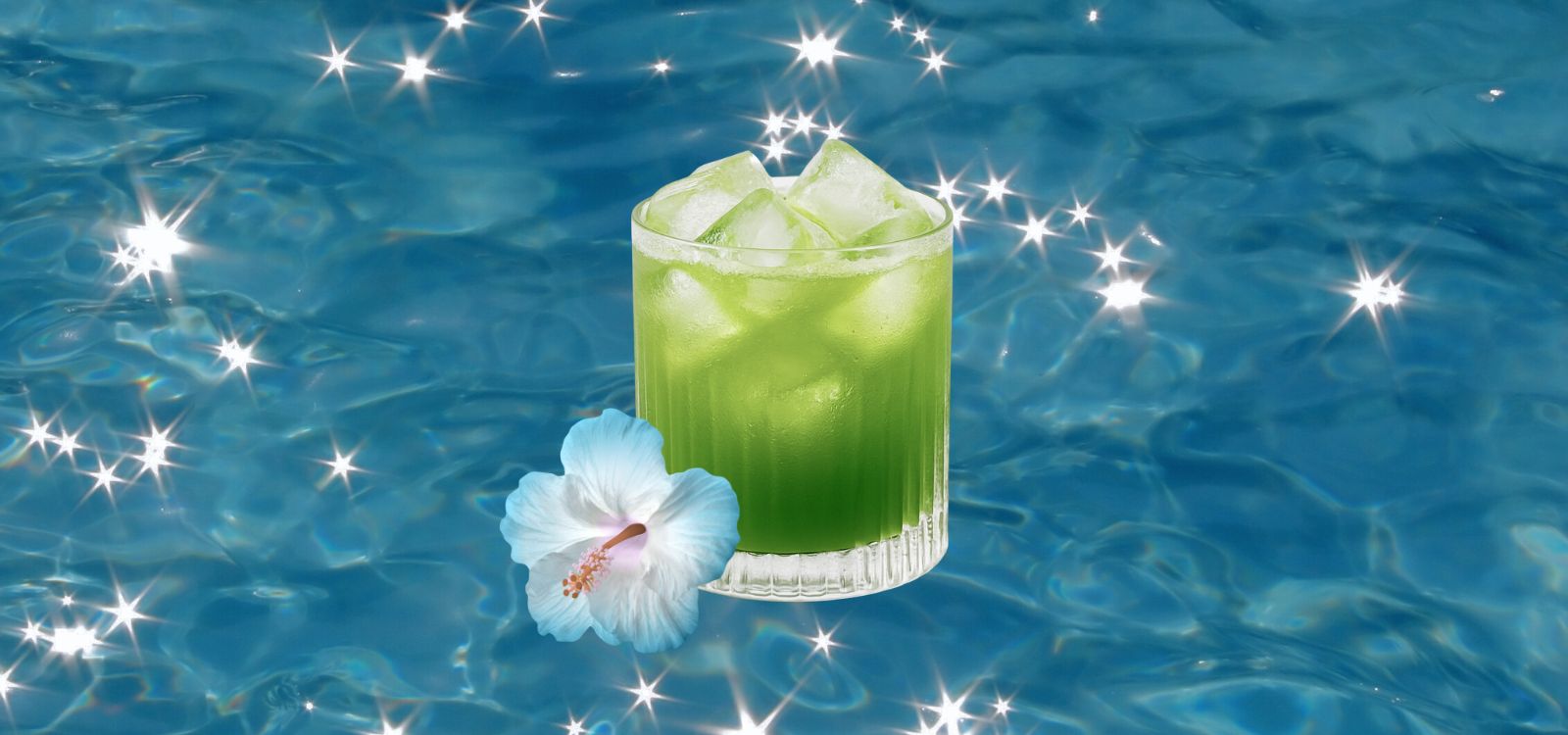 Glass of iced matcha over water