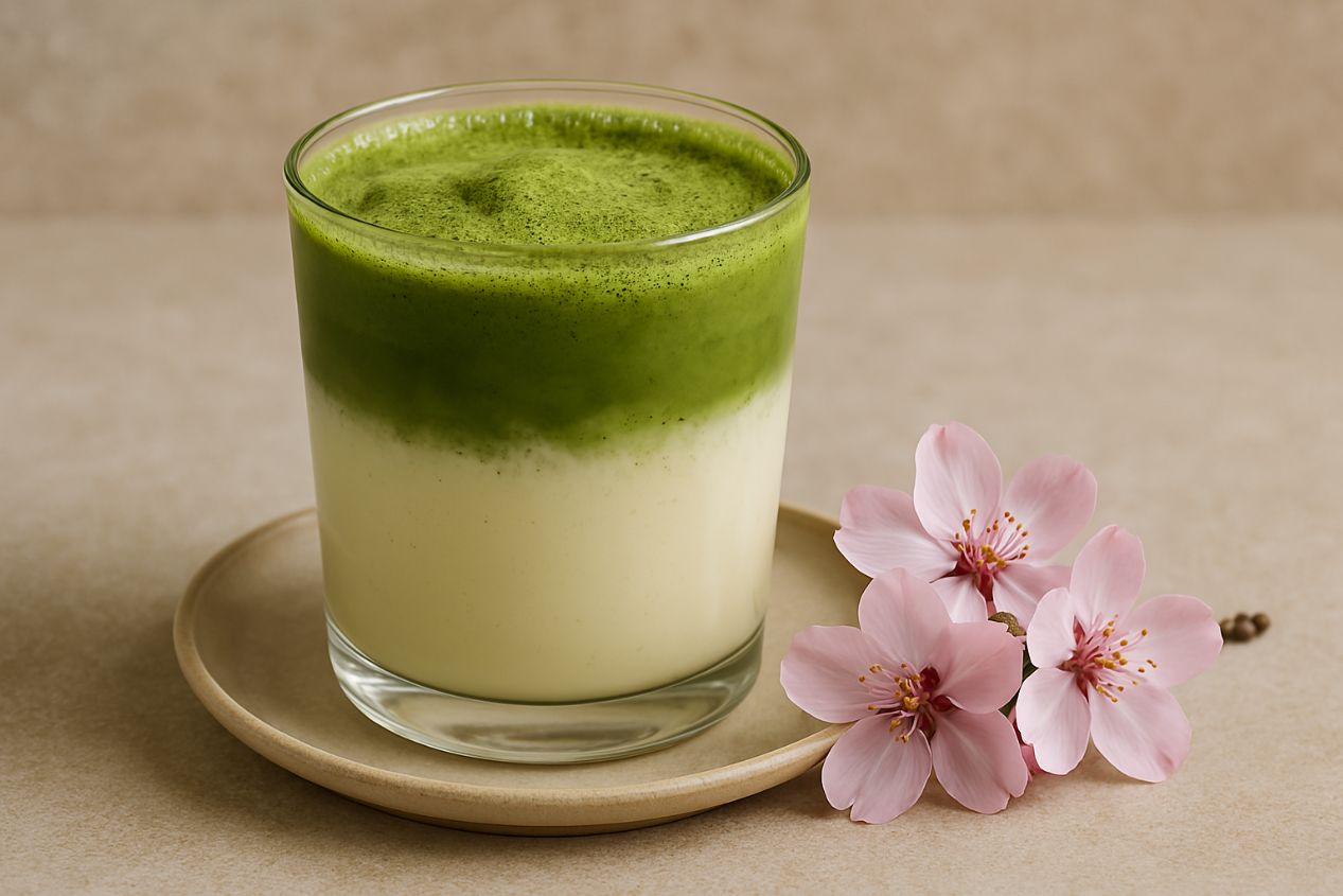 A matcha latte in a glass