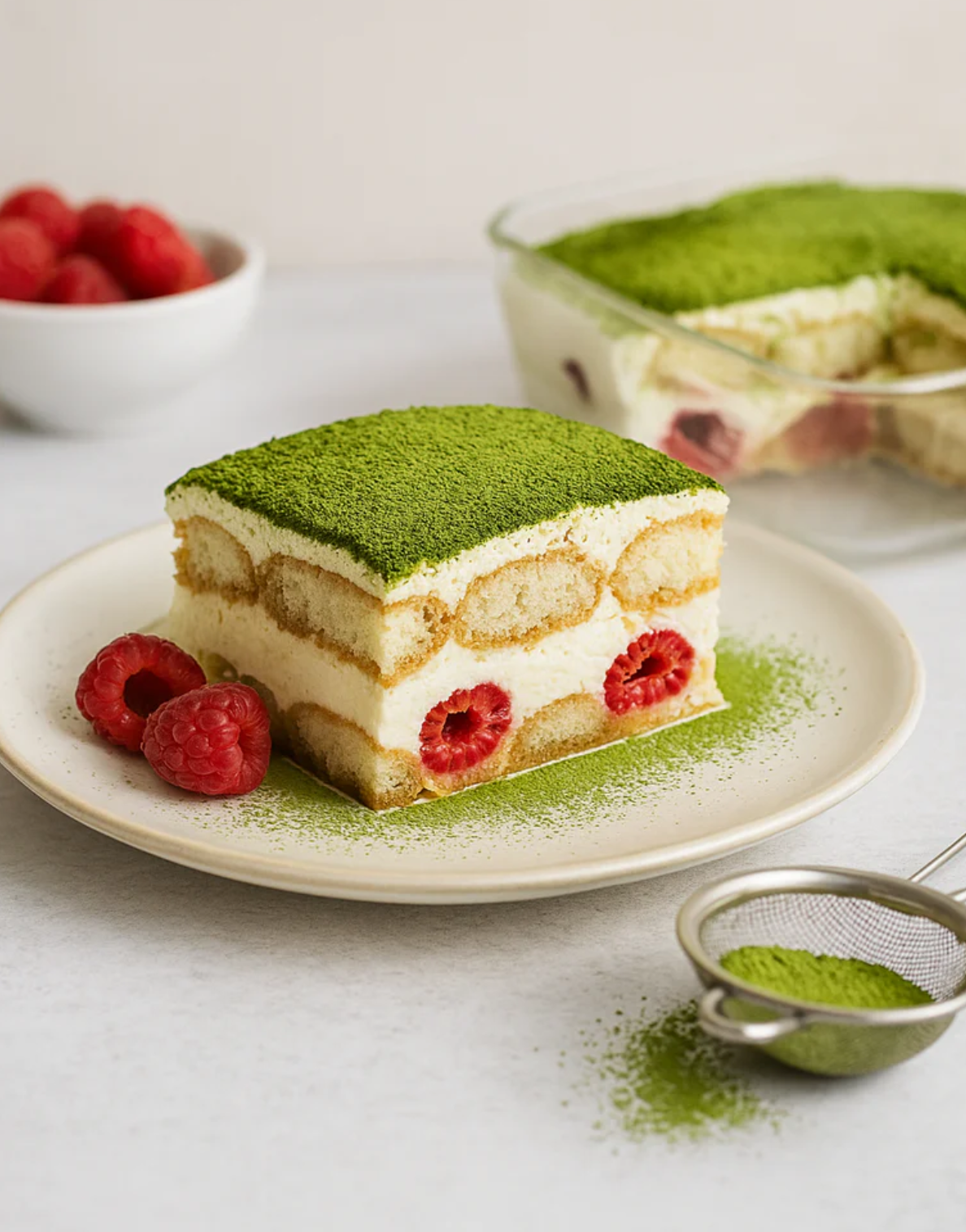 Matcha Tiramisu mit Himbeeren