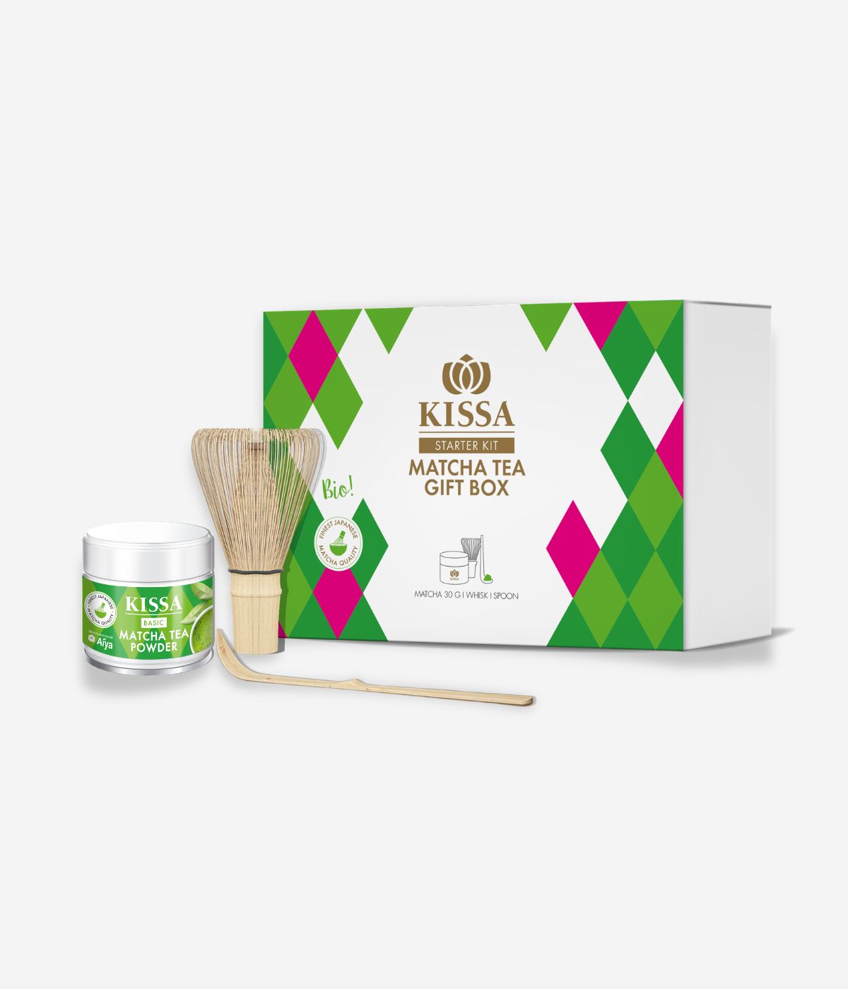 Matcha Starter Set mit Schale, Besen, Löffel und Matcha Basic 30g – zusammengestellt auf hellem Hintergrund