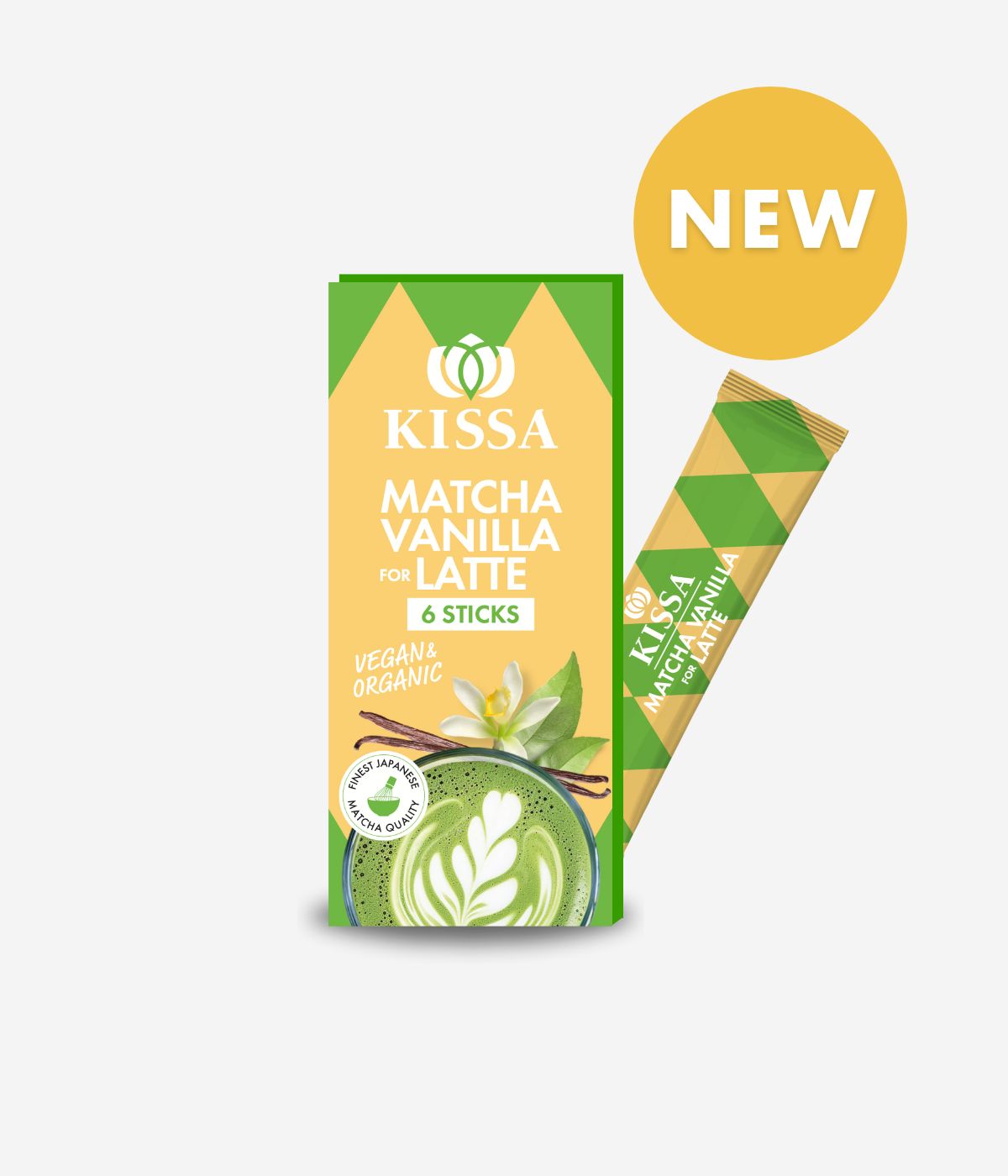 KISSA Matcha Vanilla Latte Sticks in stilvoller Box – fotografiert vor hellem Hintergrund