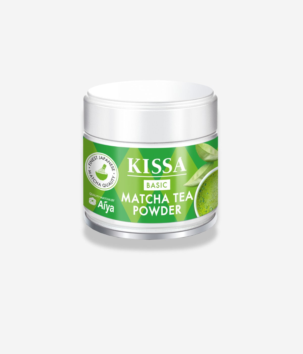 KISSA Matcha Basic Dose mit grünem Etikett – stilvoll auf hellem Hintergrund präsentiert