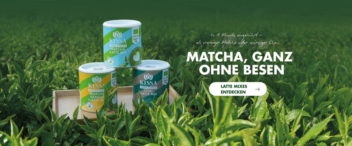 Drei KISSA-Latte-Mischungen auf einer Matcha-Farm