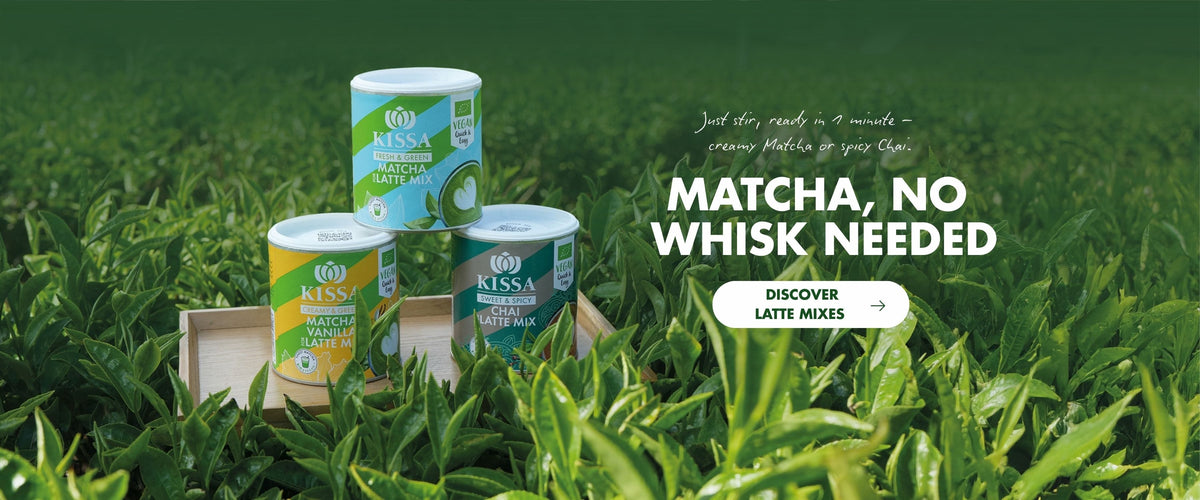 Three KISSA latte premixes in a Matcha farm