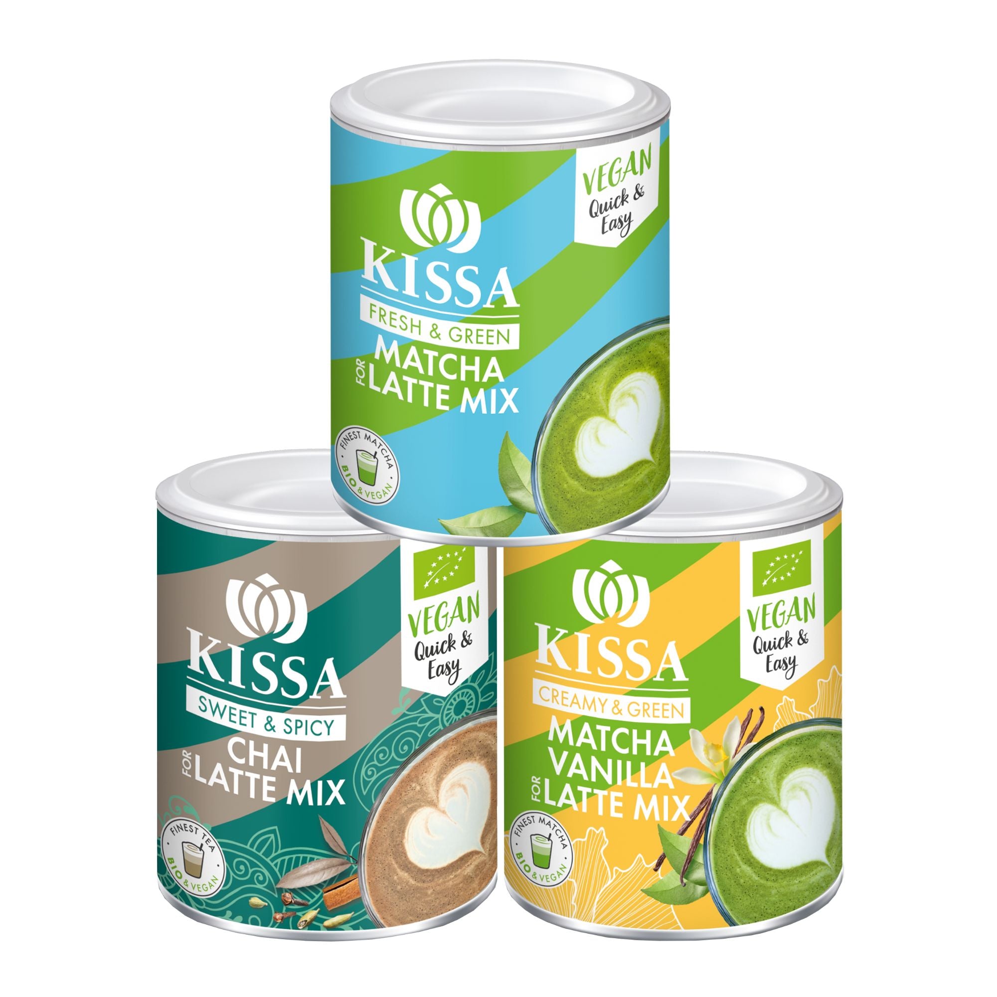 KISSA Latte Mix Set mit drei Behältern in verschiedenen Farben: Kissa Vanille für Latte Mix, Chai Latte und Matcha Latte