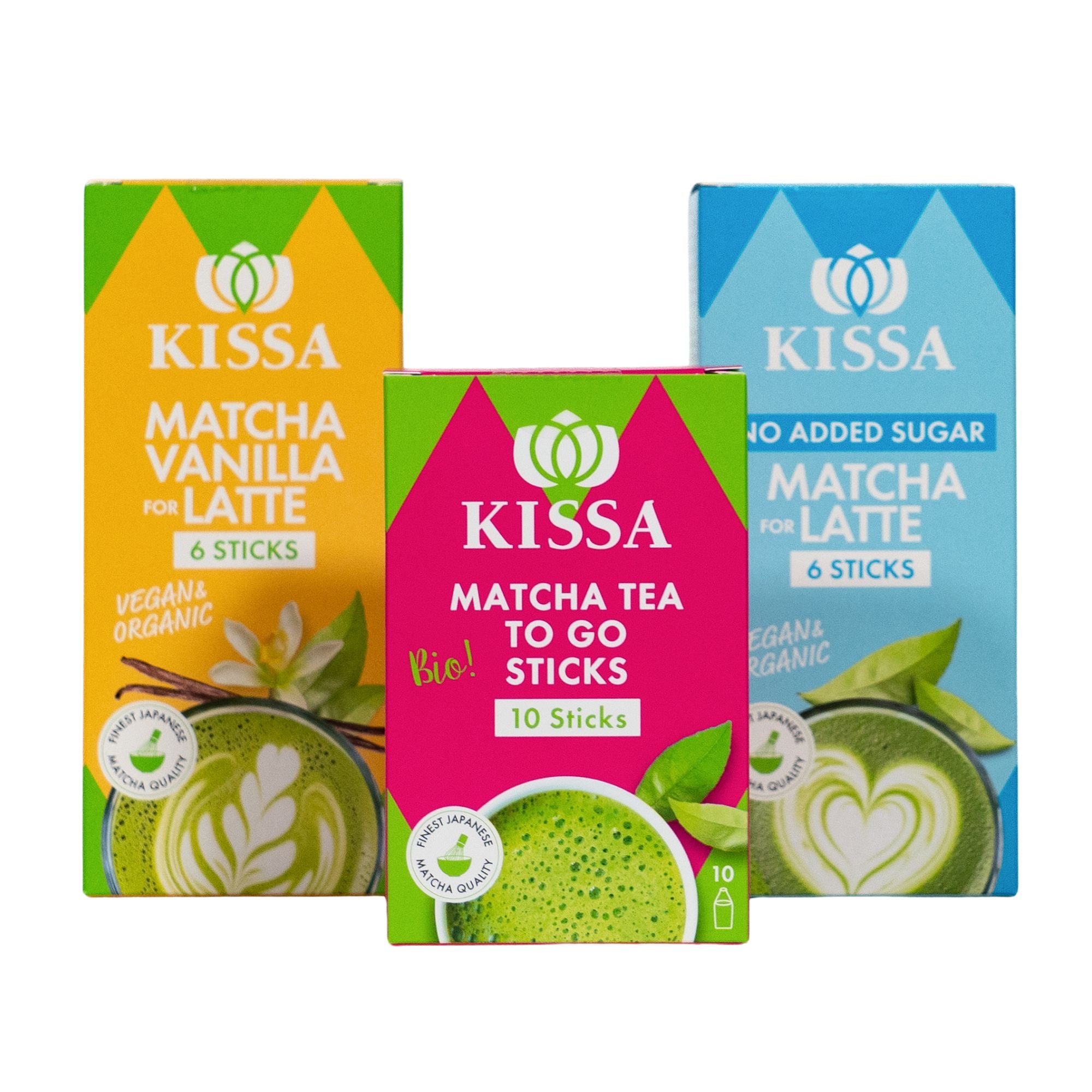 KISSA Matcha-Tee-Set zum Mitnehmen, bestehend aus drei Packungen. Ohne Zuckerzusatz, mit Vanille und Matcha-Tee
