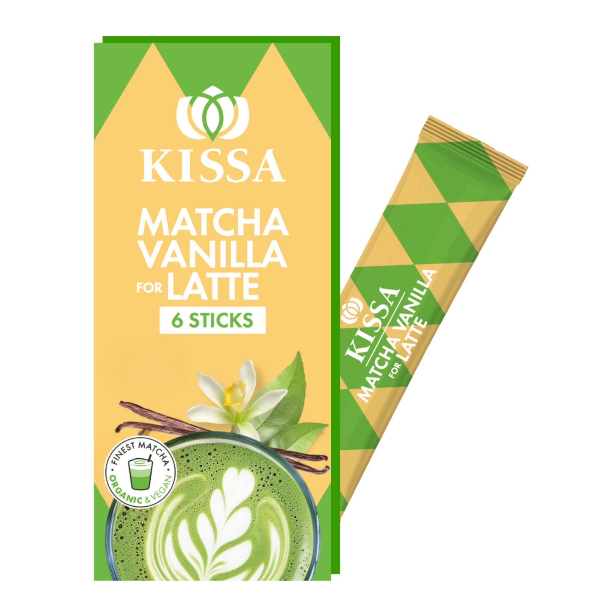 KISSA Matcha Vanilla latte mix to go in a yellow package