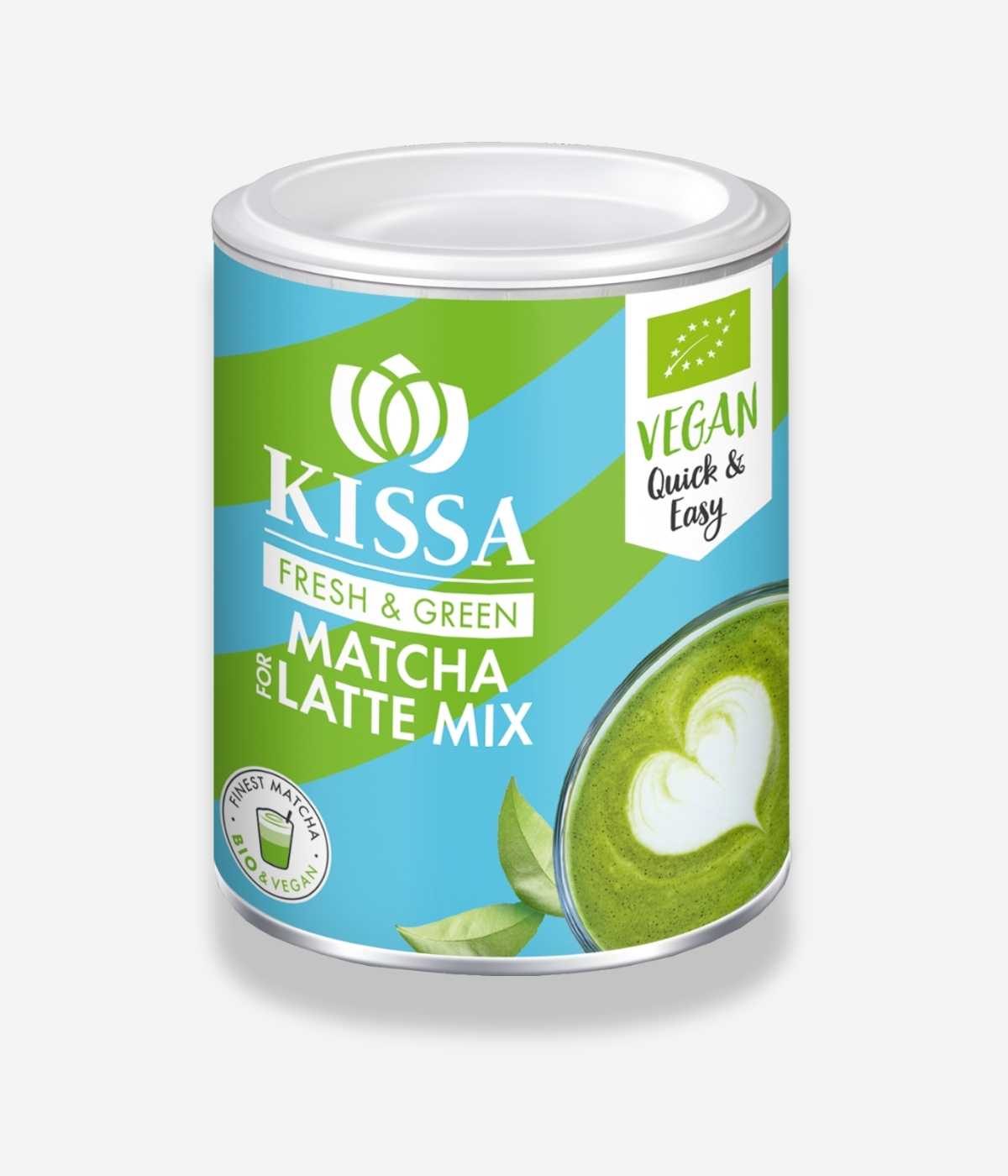 KISSA Matcha Latte Mix – cremiger Bio-Latte in ansprechender Verpackung auf hellem Hintergrund
