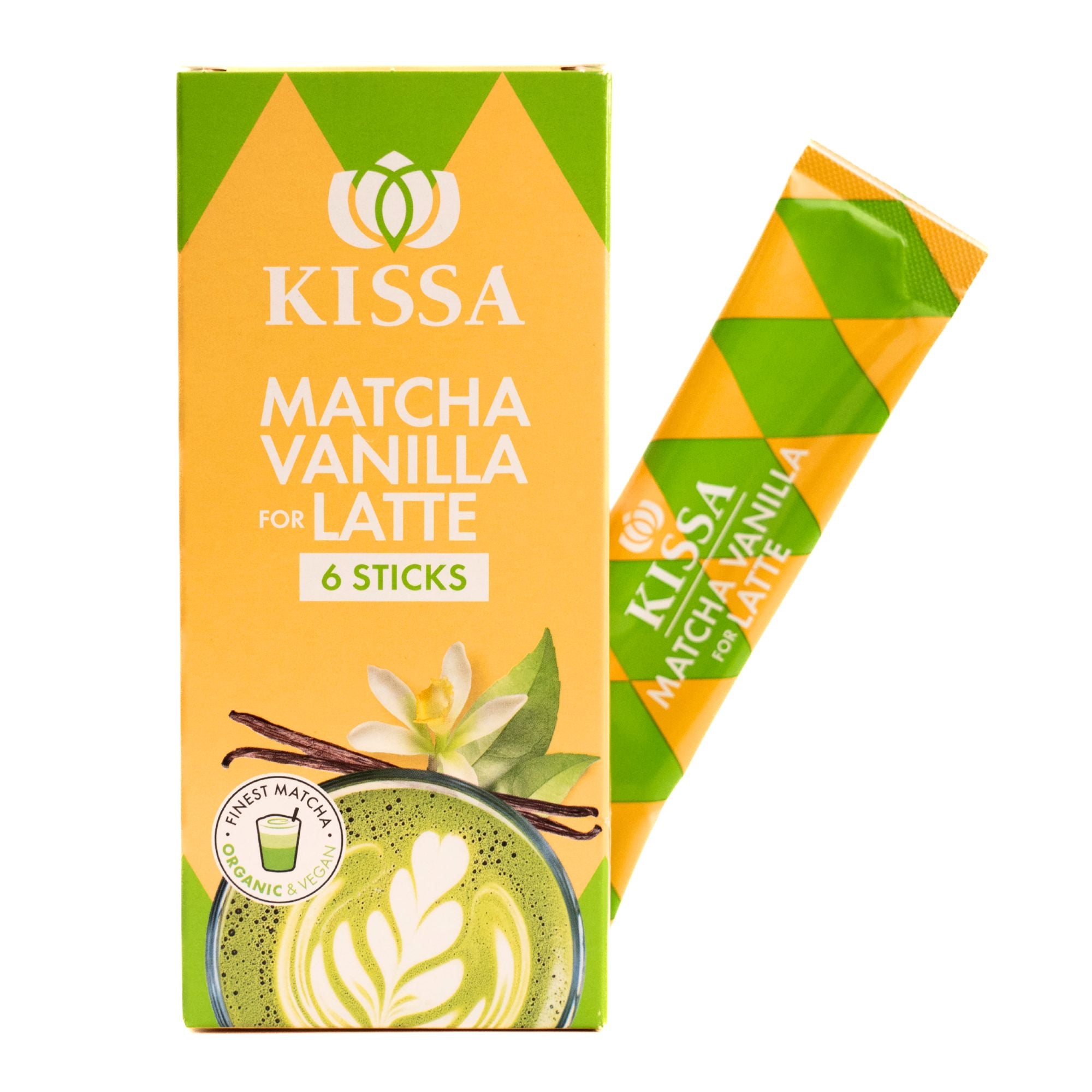KISSA Matcha Vanilla Latte Mix to go in yellow packaging