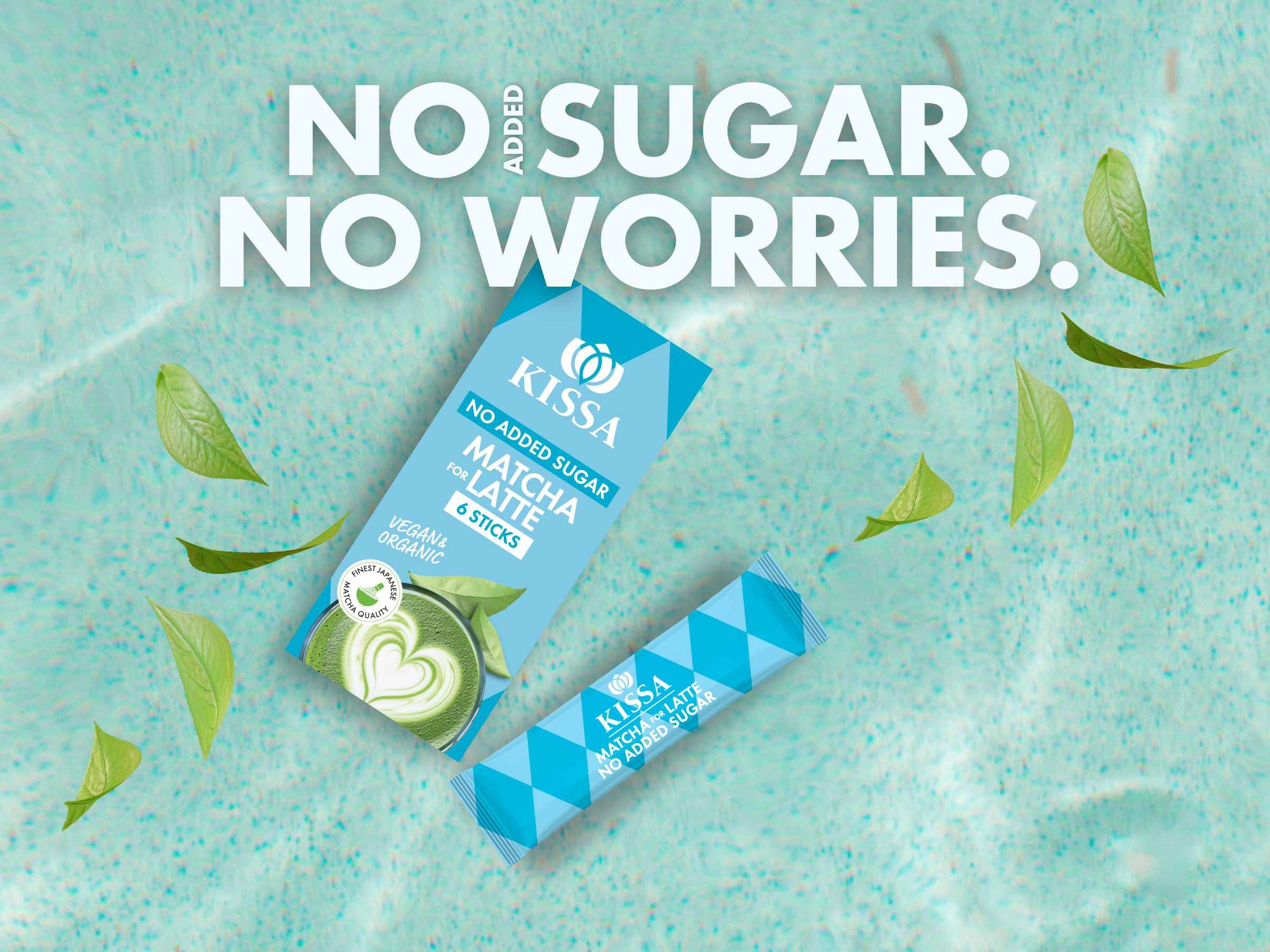 Matcha latte no added sugar sticks package and leaves