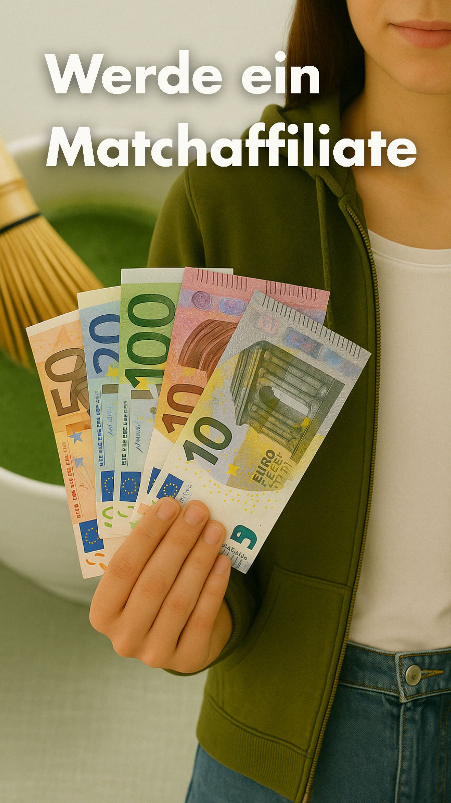 A woman holding 5 euro bill notes
