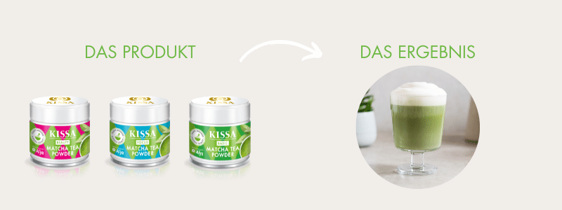 Matcha products next to a matcha latte 