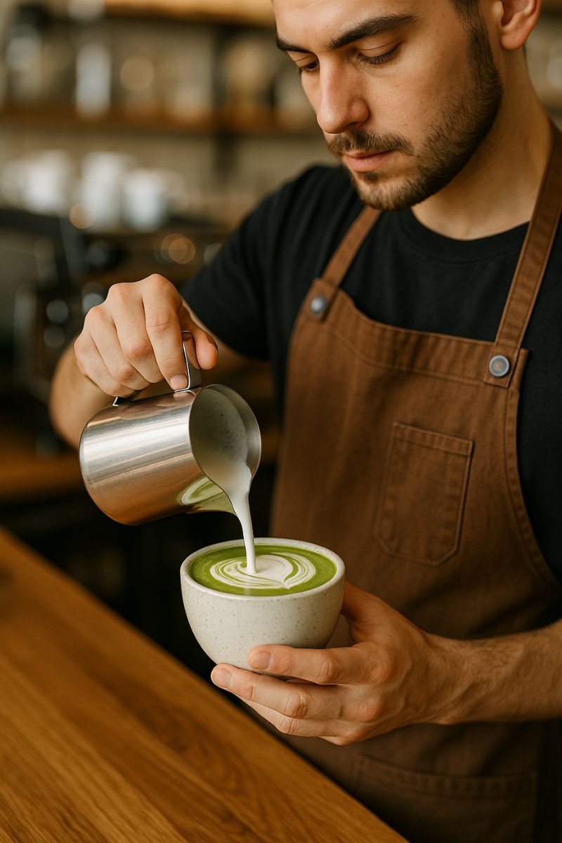 Barista preparing a matcha latte