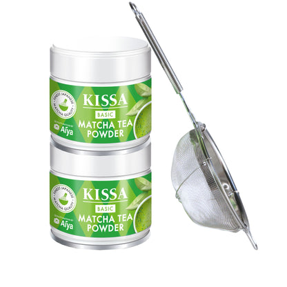 Two KISSA Matcha Basic tins next to a sieve