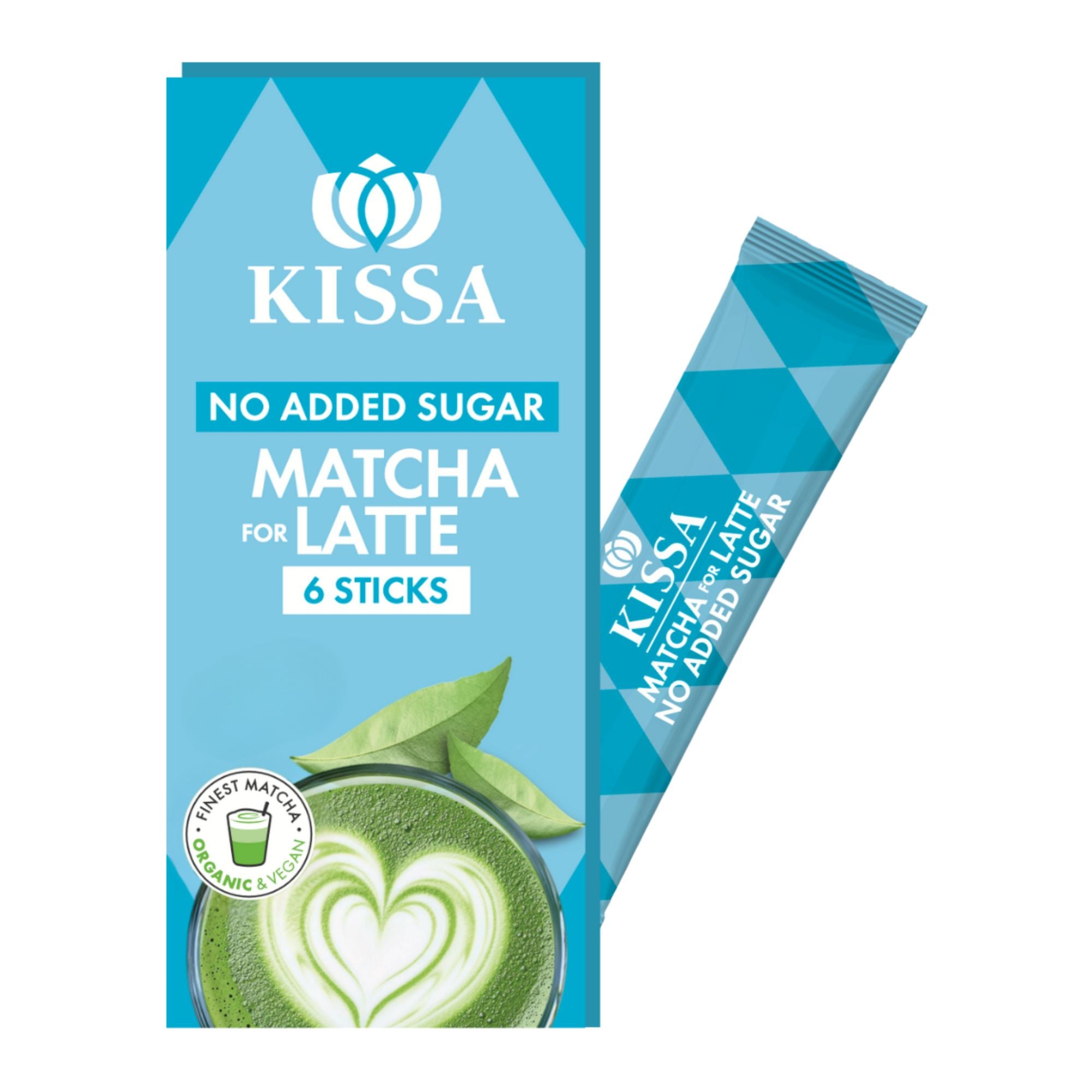 KISSA Matcha Latte Mix ohne Zuckerzusatz zum Mitnehmen in blauer Verpackung