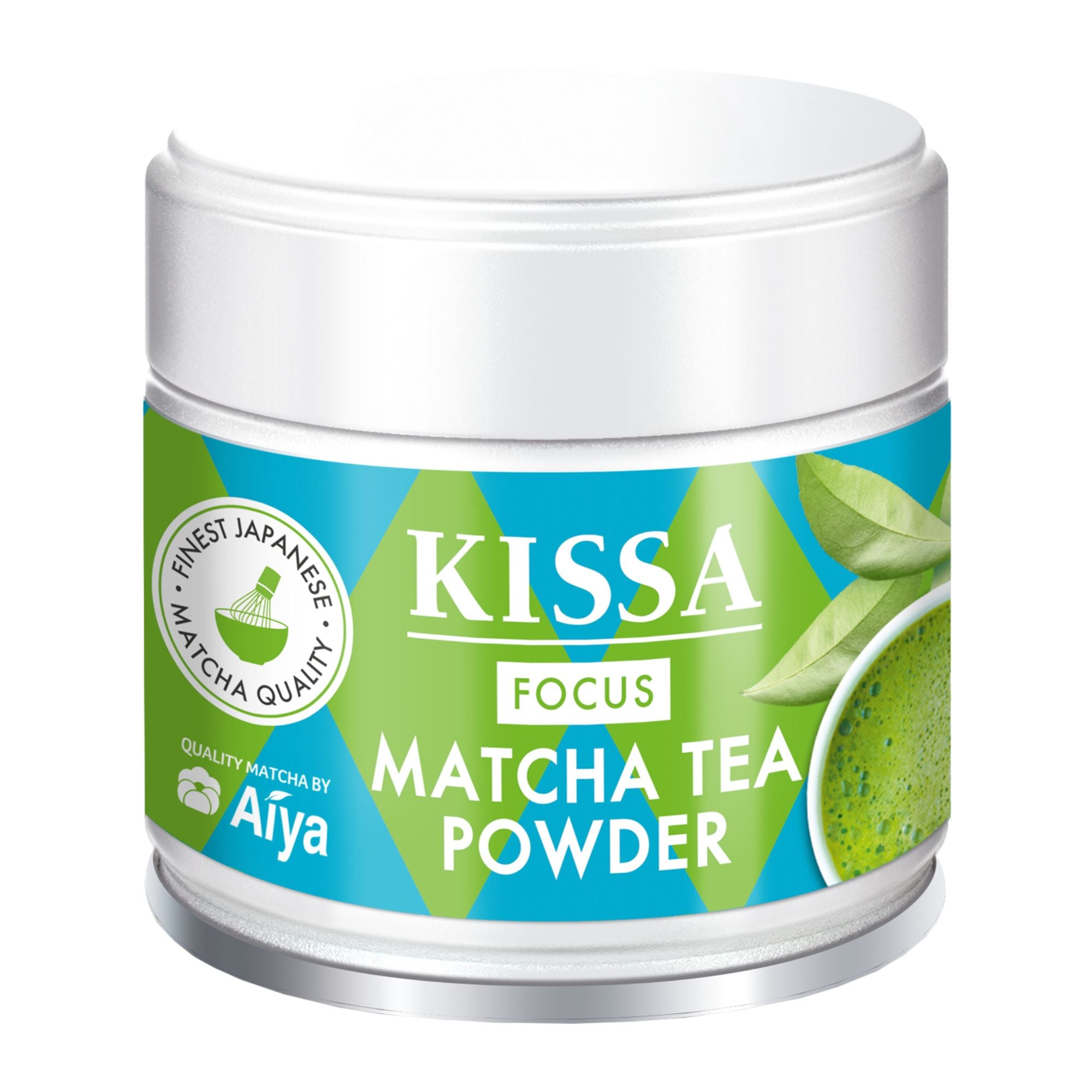 KISSA Matcha Focus 30-g-Dose in grün-blauer Verpackung