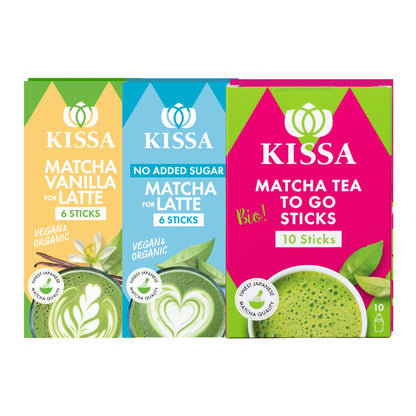 KISSA Matcha-Tee-Set zum Mitnehmen, bestehend aus drei Packungen. Ohne Zuckerzusatz, mit Vanille und Matcha-Tee