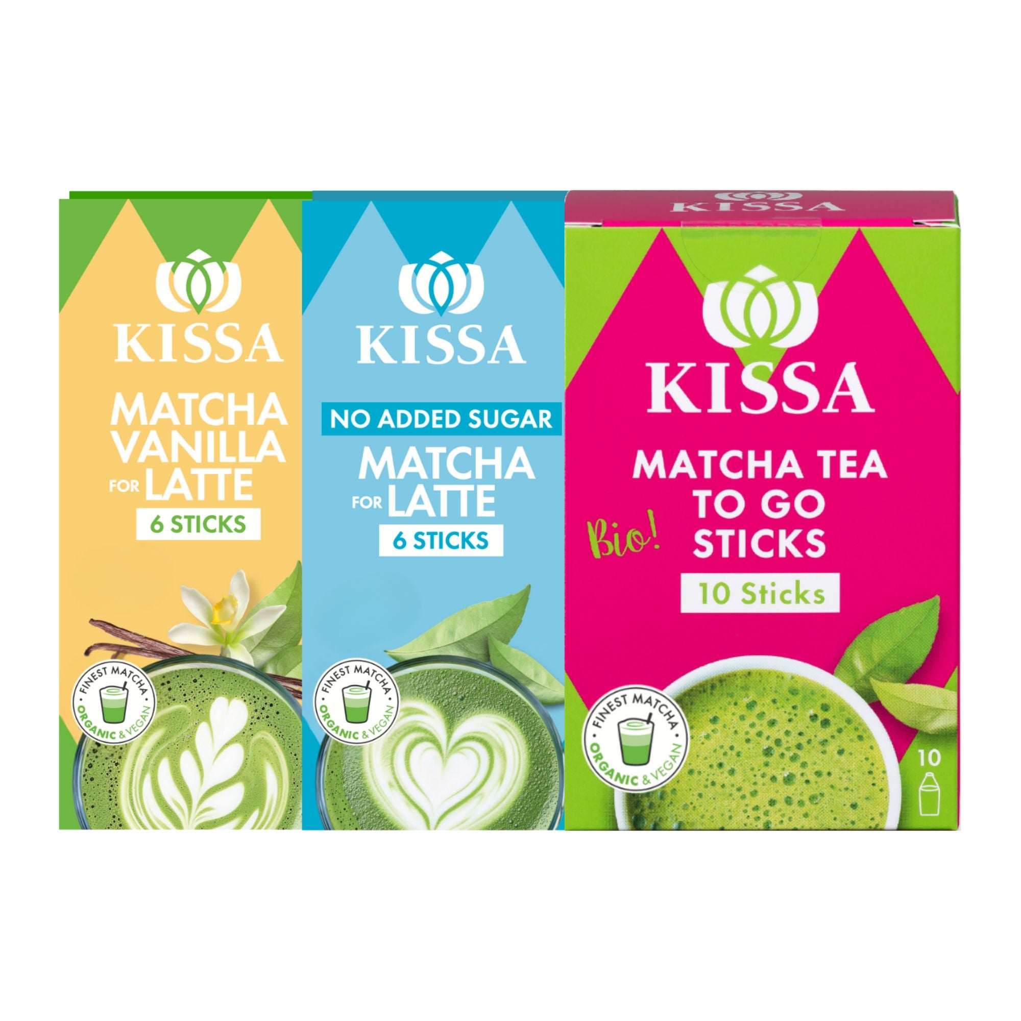 KISSA Matcha-Tee-Set zum Mitnehmen, bestehend aus drei Packungen. Ohne Zuckerzusatz, mit Vanille und Matcha-Tee