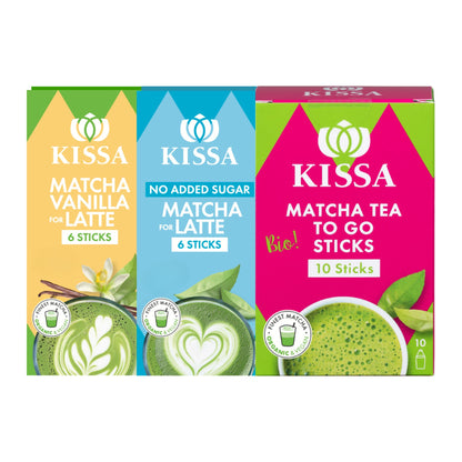 KISSA Matcha-Tee-Set zum Mitnehmen, bestehend aus drei Packungen. Ohne Zuckerzusatz, mit Vanille und Matcha-Tee