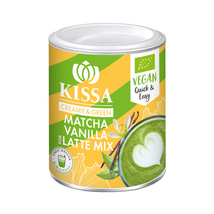Matcha-Vanille für Latte-Mix-Produkt in einer Verpackung in den Farben Gelb und Grün