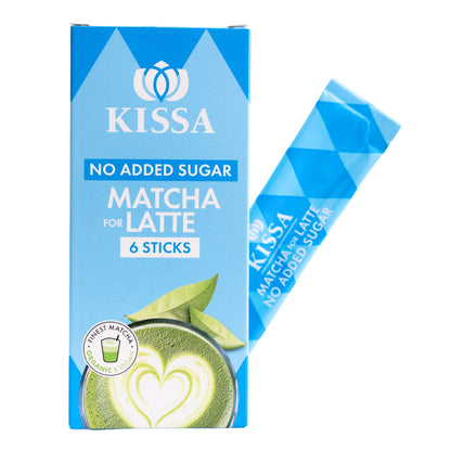 KISSA Matcha Latte Mix without added sugar for takeaway in blue packaging